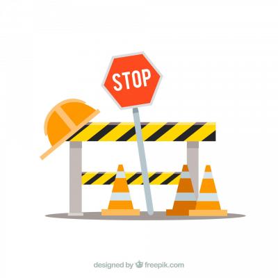 dessin représentant des barrières de travaux avec un panneau stop et un casque